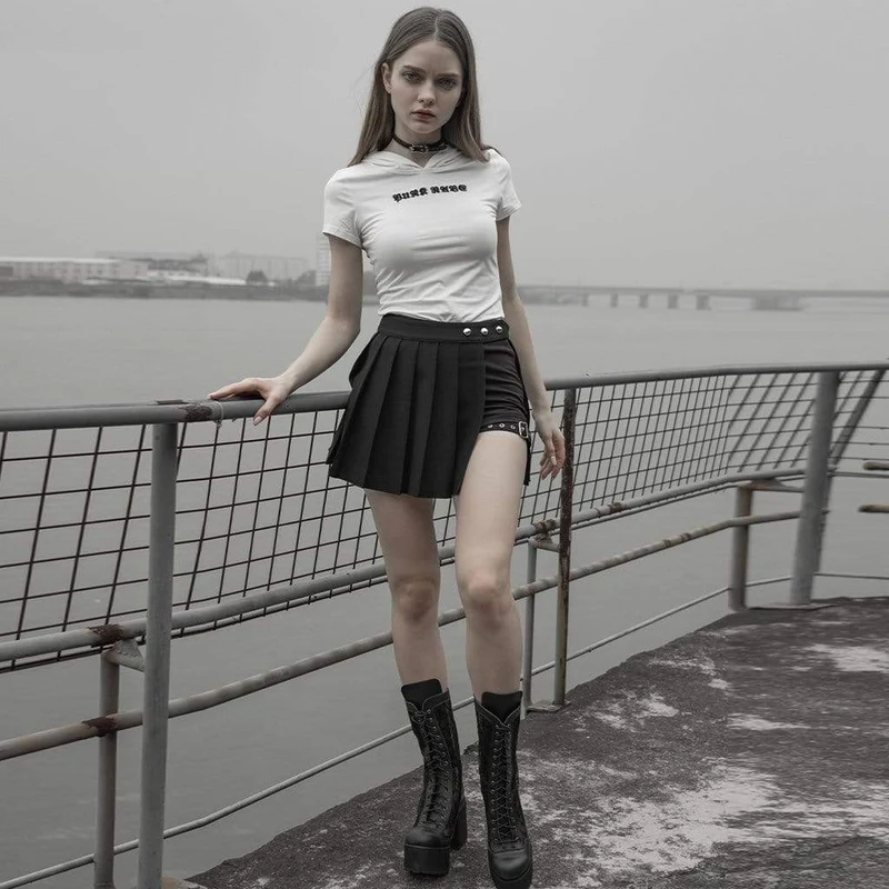 Schwarze zweiteilige Hosenrock im Grunge-Stil mit Faltenrock für Damen