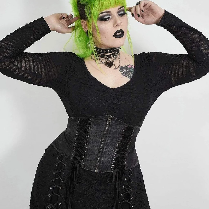 Viktorianisches Gothic-Unterbrustkorsett aus schwarzem Kunstleder mit Kreuzschnürung