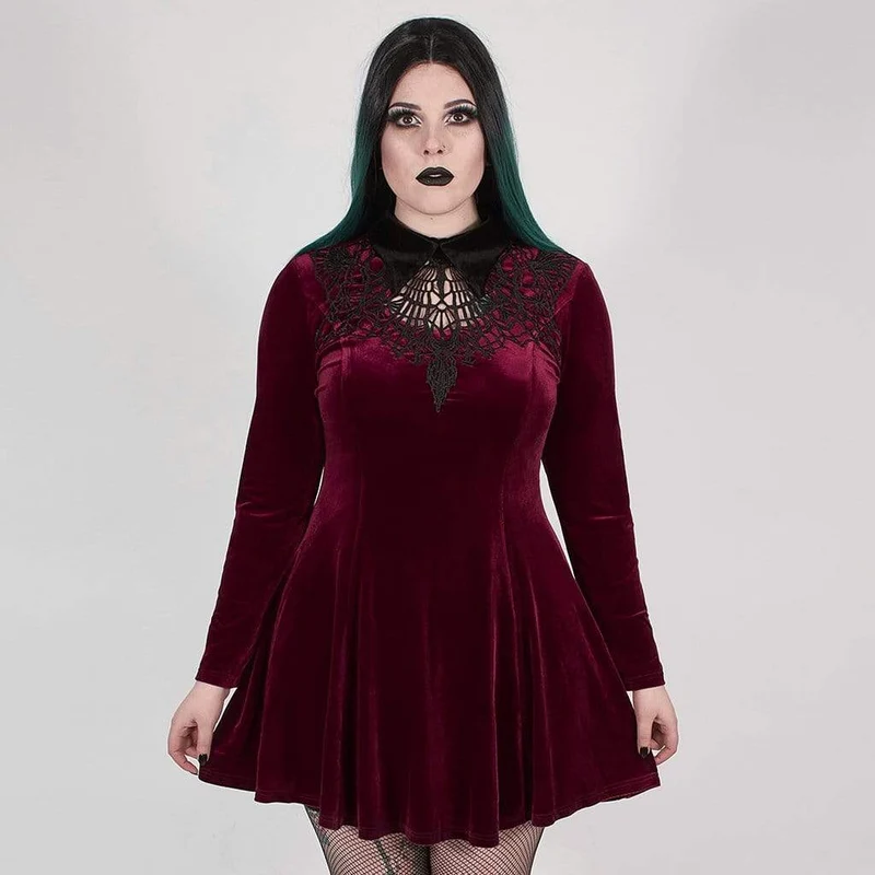 Gothic Scarlet und Black Short Collared Dress für Damen in Übergröße