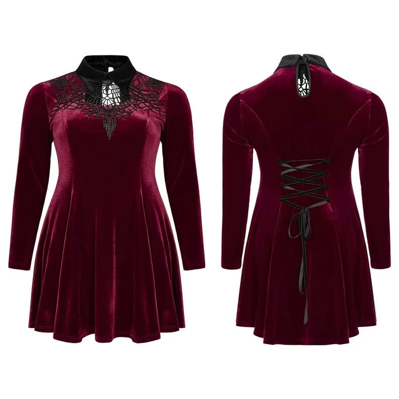 Gothic Scarlet und Black Short Collared Dress für Damen in Übergröße