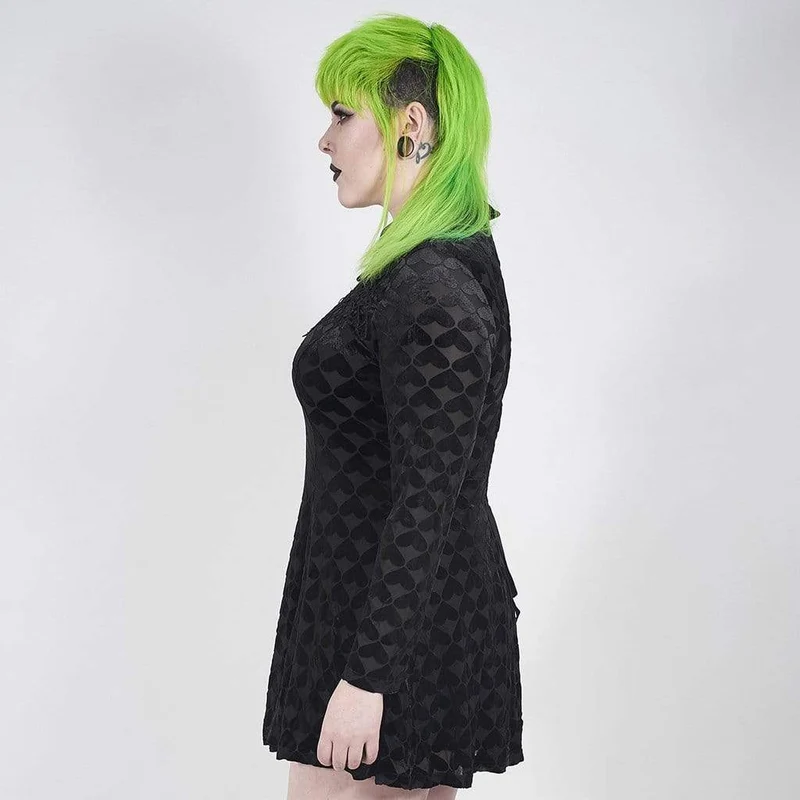 Damen Plus Size Gothic Schwarzes und Graues kurzes Kleid mit Herzkragen