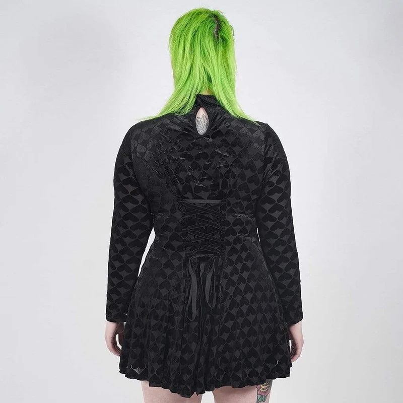 Damen Plus Size Gothic Schwarzes und Graues kurzes Kleid mit Herzkragen