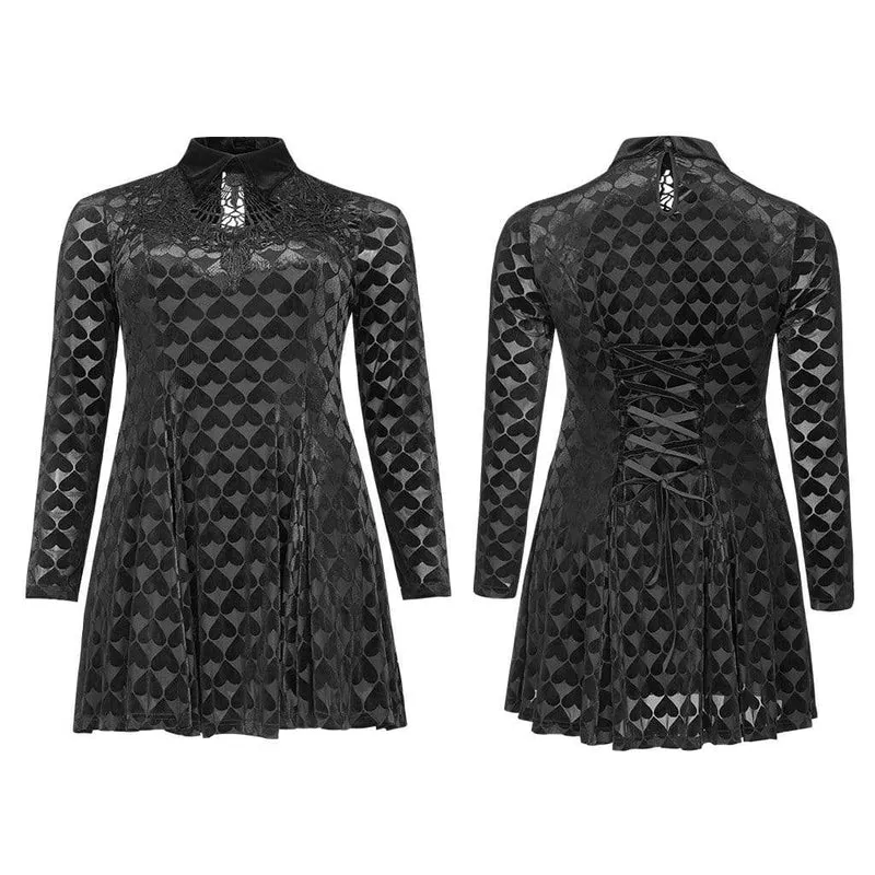 Damen Plus Size Gothic Schwarzes und Graues kurzes Kleid mit Herzkragen