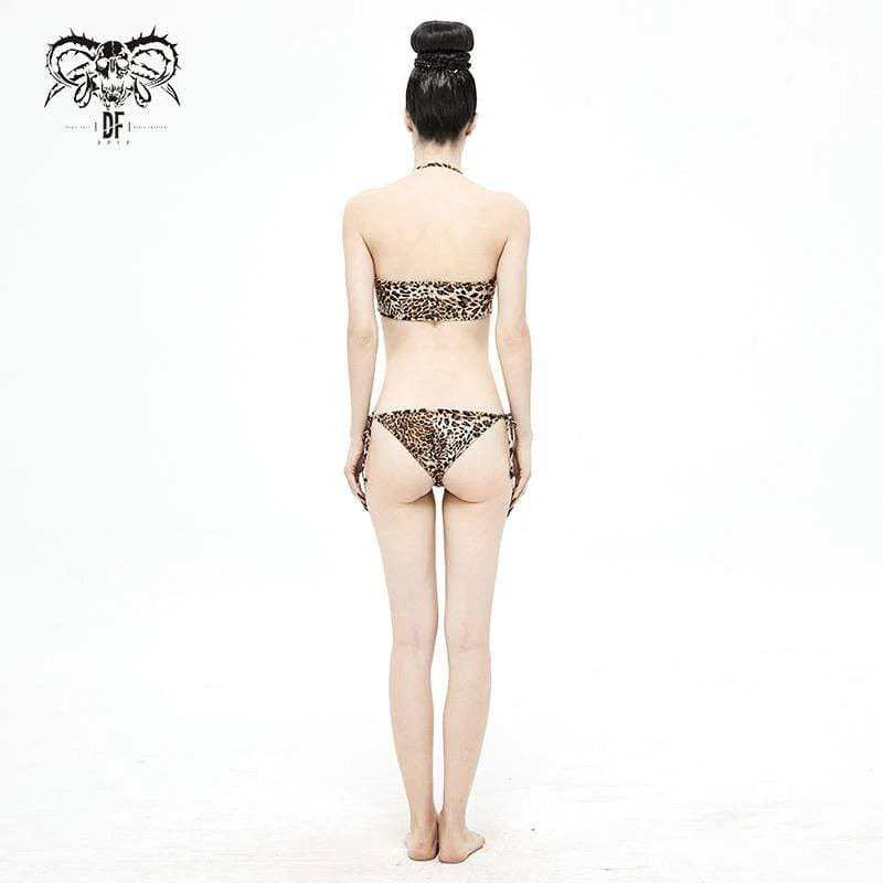 Damen Grunge Leopard Bedruckter Neckholder Bikini mit seitlicher Krawatte