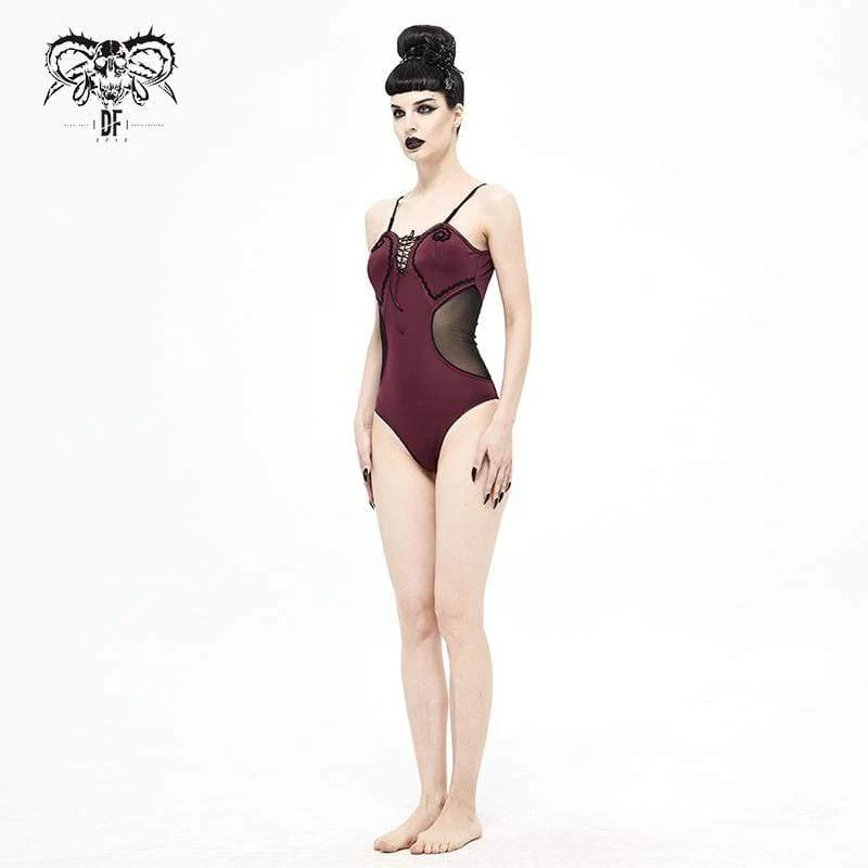 Gothic Badeanzug für Damen in Weinrot mit Ausschnitt und schwarzen Trägern