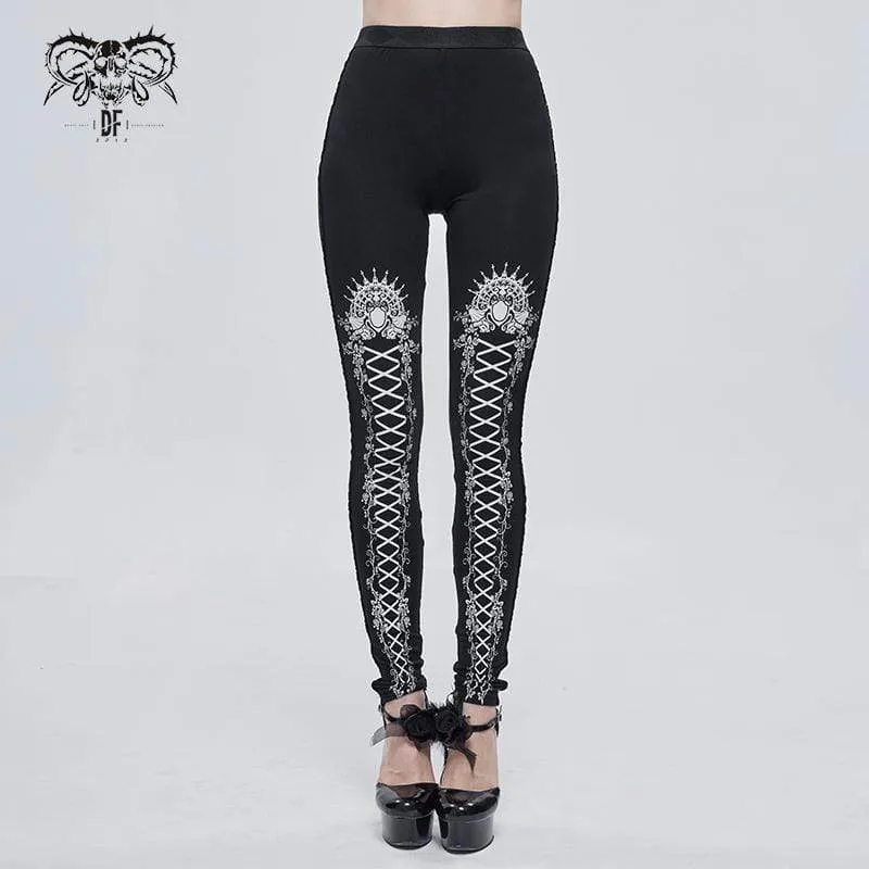 Damen Gothic Strappy Leggings mit Print Weiß