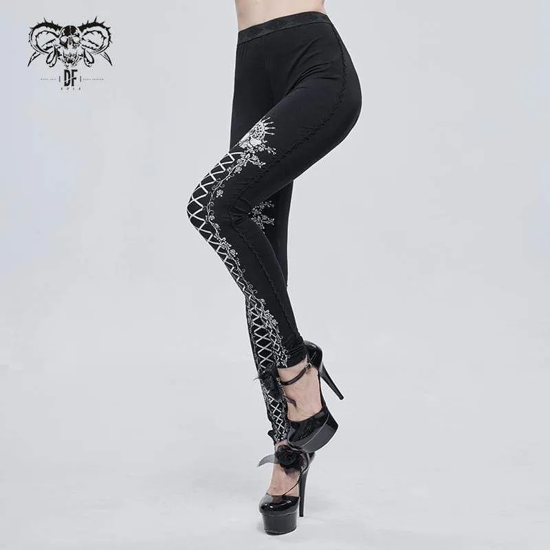 Damen Gothic Strappy Leggings mit Print Weiß