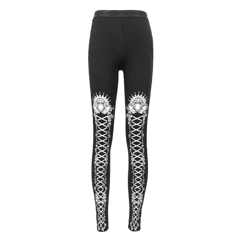 Damen Gothic Strappy Leggings mit Print Weiß