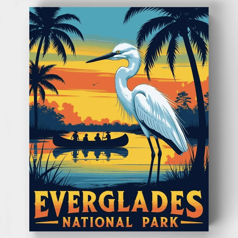 Everglades National Park Great Egret Canoe Sunset - Paint by Numbers Kit