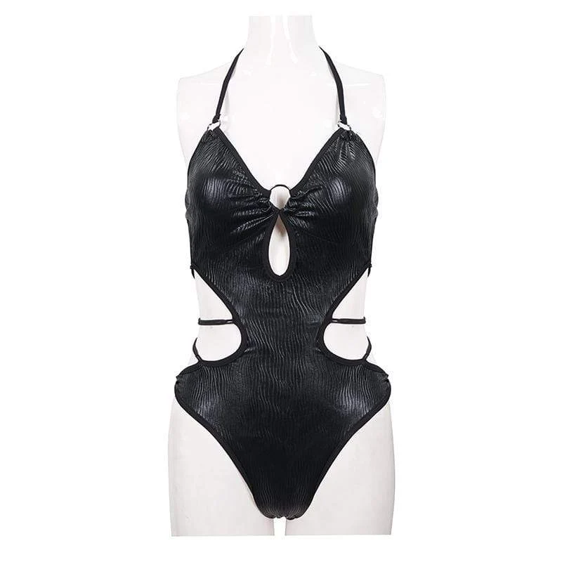 Damen Gothic Punk Black Cutout Neckholder Badeanzug