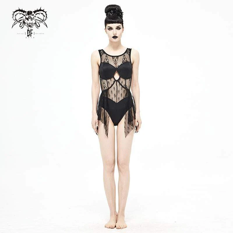 Damen Gothic Punk Schwarz Lacy One Piece Cutout Badeanzug