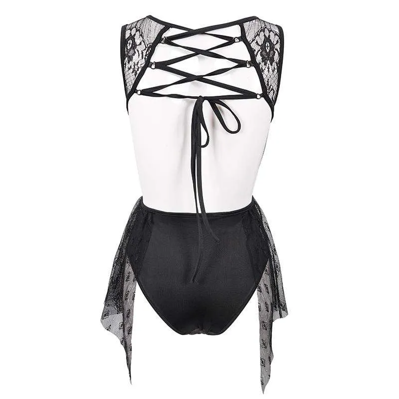 Damen Gothic Punk Schwarz Lacy One Piece Cutout Badeanzug