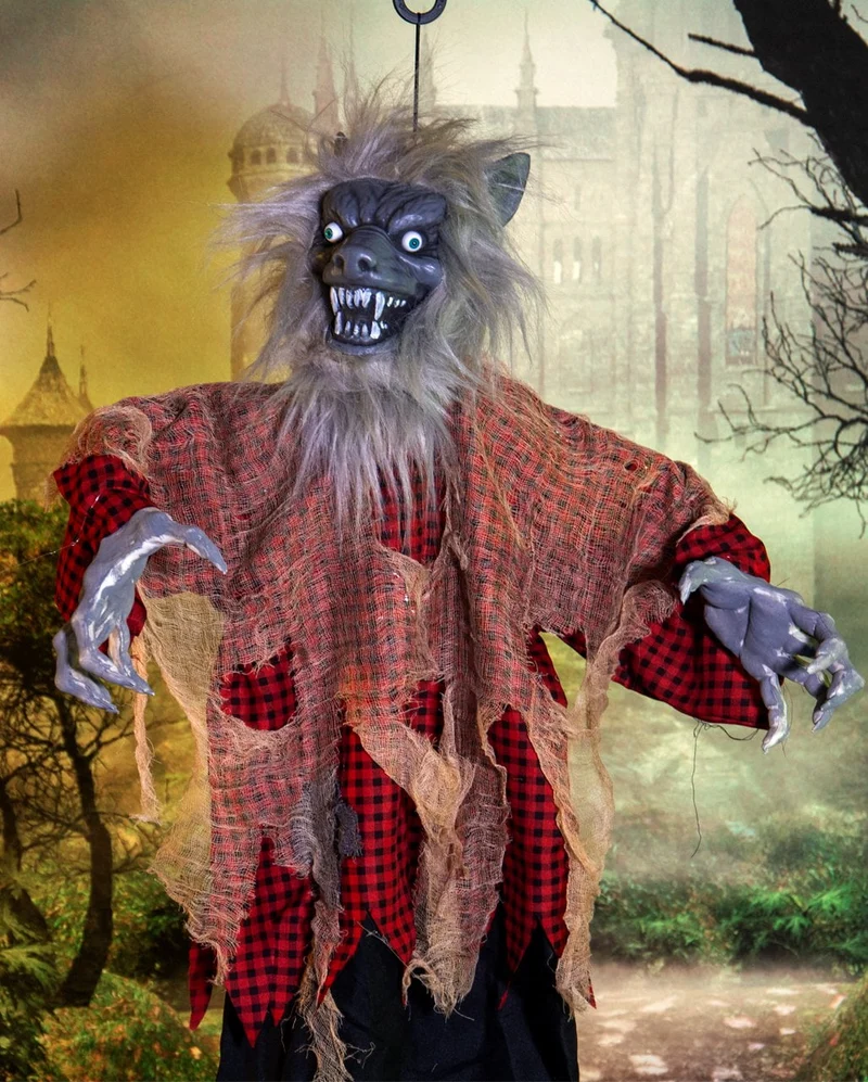Heulender Werwolf mit Bewegung & Leuchtaugen Hängefigur 120cm