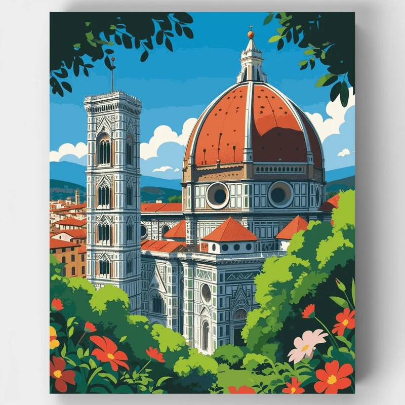 Florence Cathedral Dome and Bell Tower Garden View - Paint by Numbers Kit