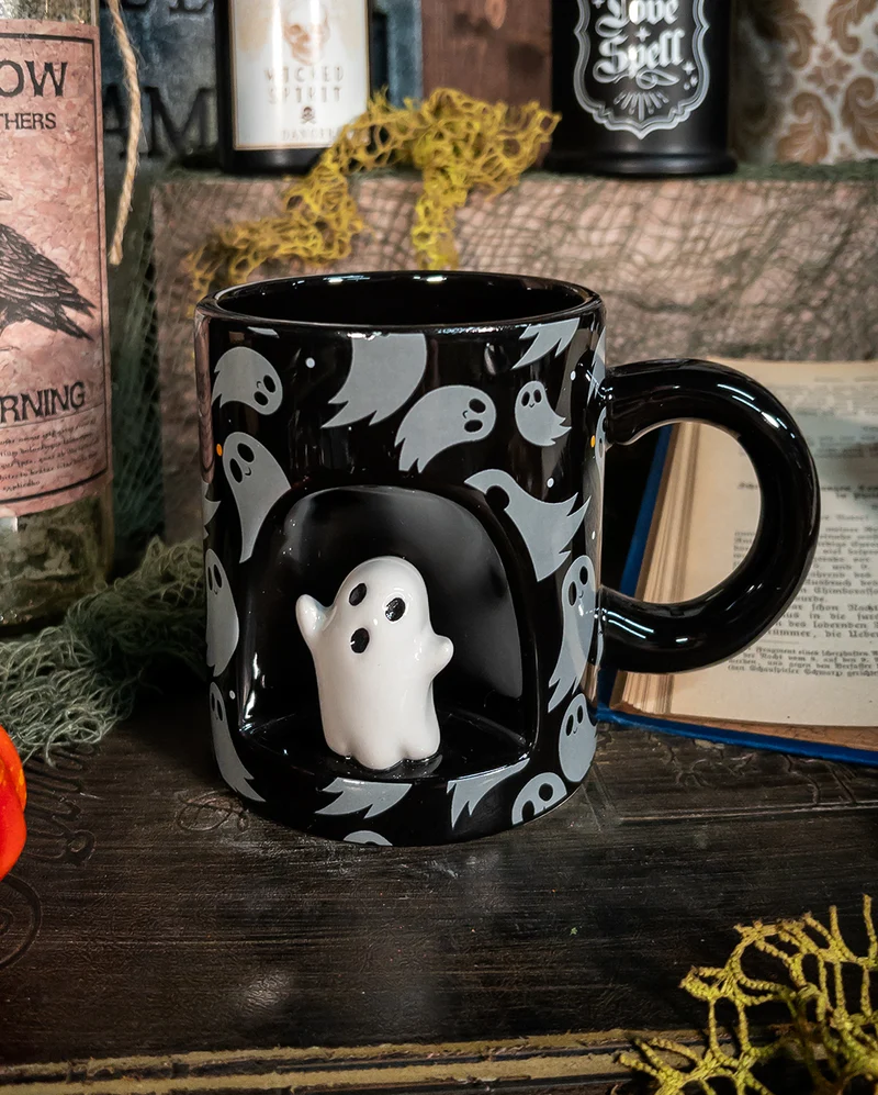 Schwarze Halloween Tasse mit Mini Geist
