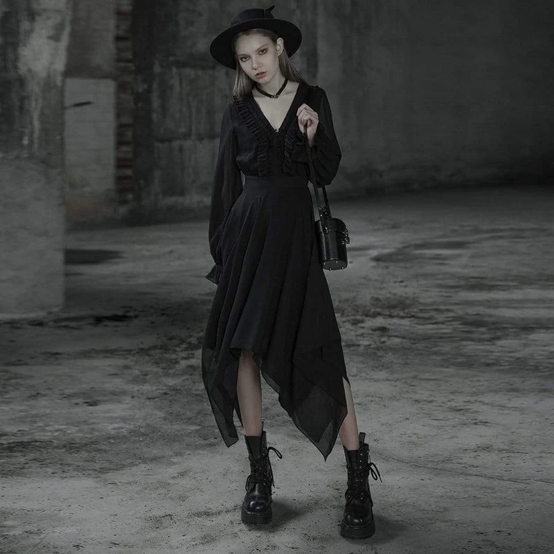 Damen Gothic V-Ausschnitt Langarm Unregelmäßigen Saum Chiffon Kleider