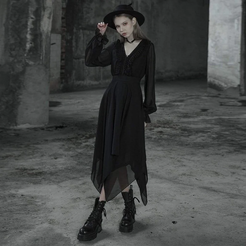 Damen Gothic V-Ausschnitt Langarm Unregelmäßigen Saum Chiffon Kleider