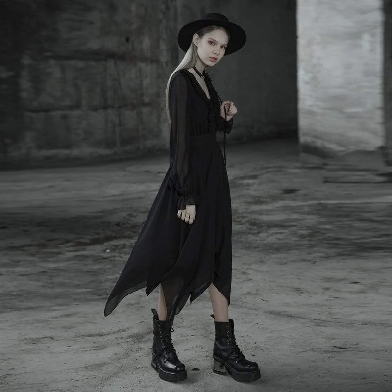 Damen Gothic V-Ausschnitt Langarm Unregelmäßigen Saum Chiffon Kleider