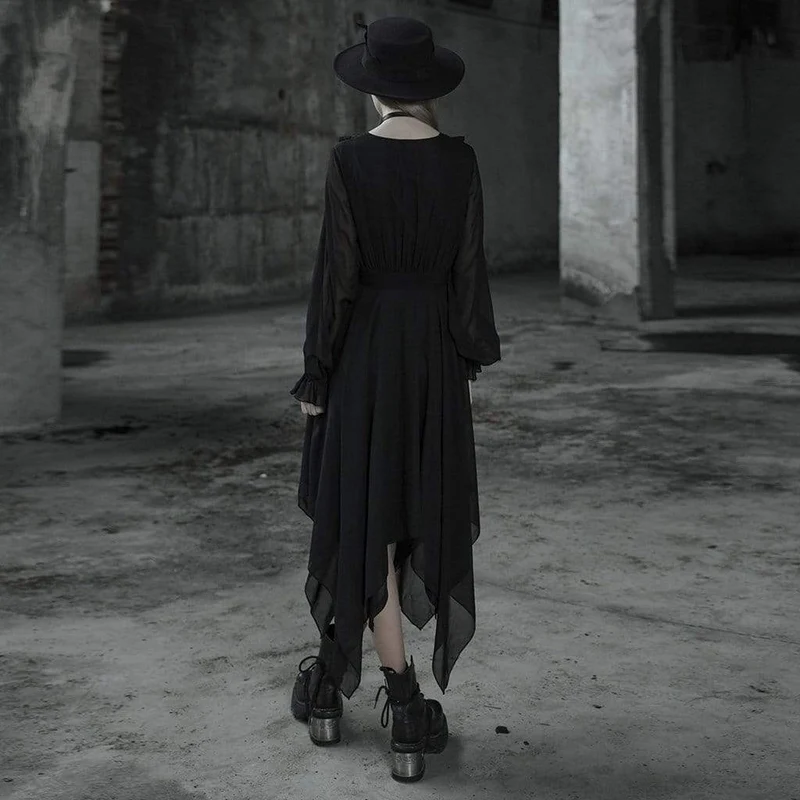 Damen Gothic V-Ausschnitt Langarm Unregelmäßigen Saum Chiffon Kleider