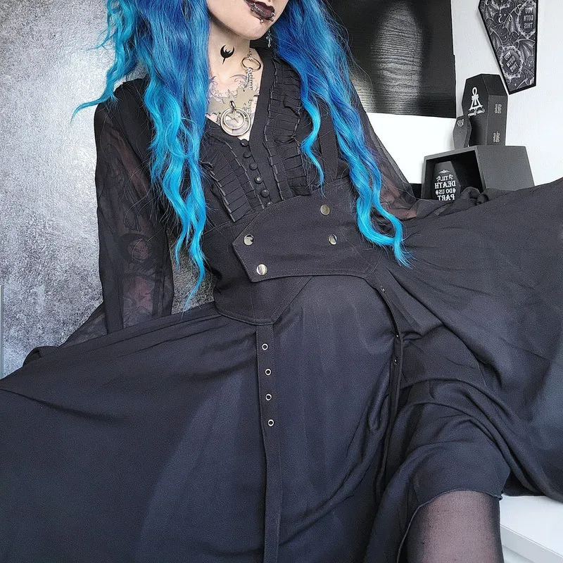 Damen Gothic V-Ausschnitt Langarm Unregelmäßigen Saum Chiffon Kleider