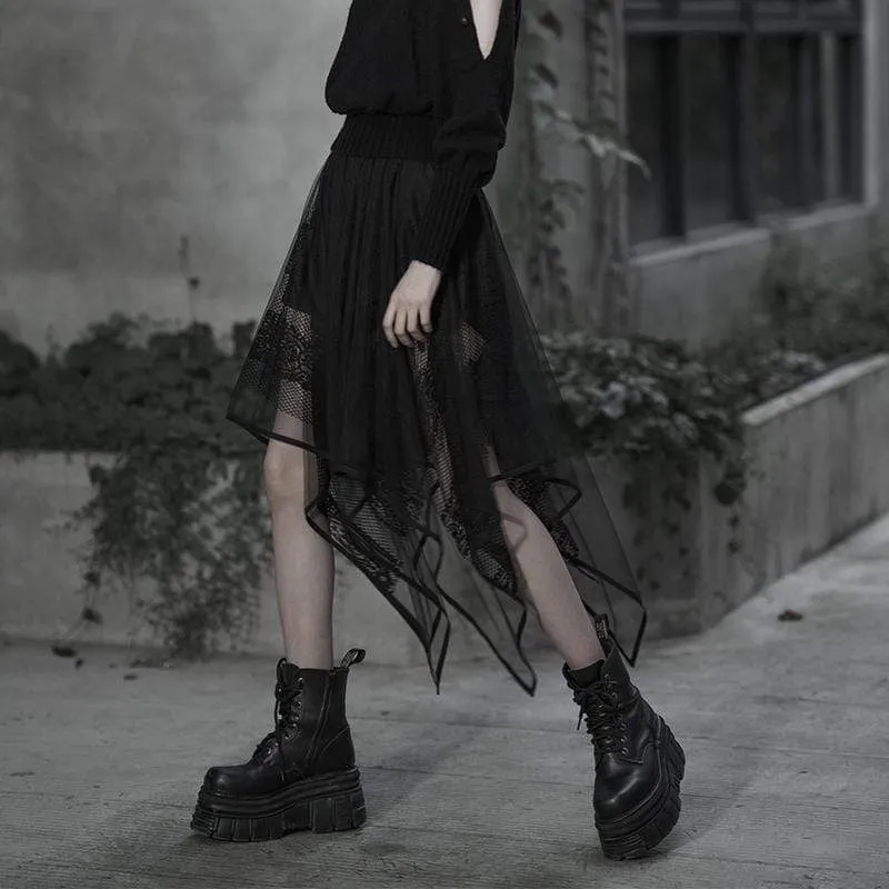 Frauen Goth Floral Lace Mesh Irrgular Maxirock