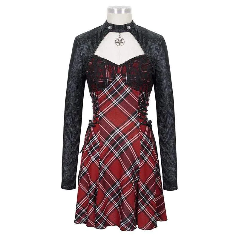 Damen Gothic Riemchen Cutout Splice Kariertes Kleid