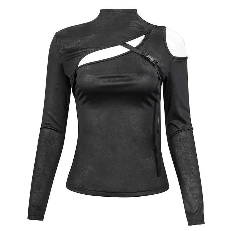 Damen Gothic Cutout Schnalle Slim Fitted Top Schwarz