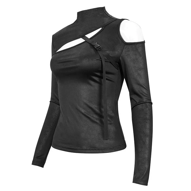 Damen Gothic Cutout Schnalle Slim Fitted Top Schwarz