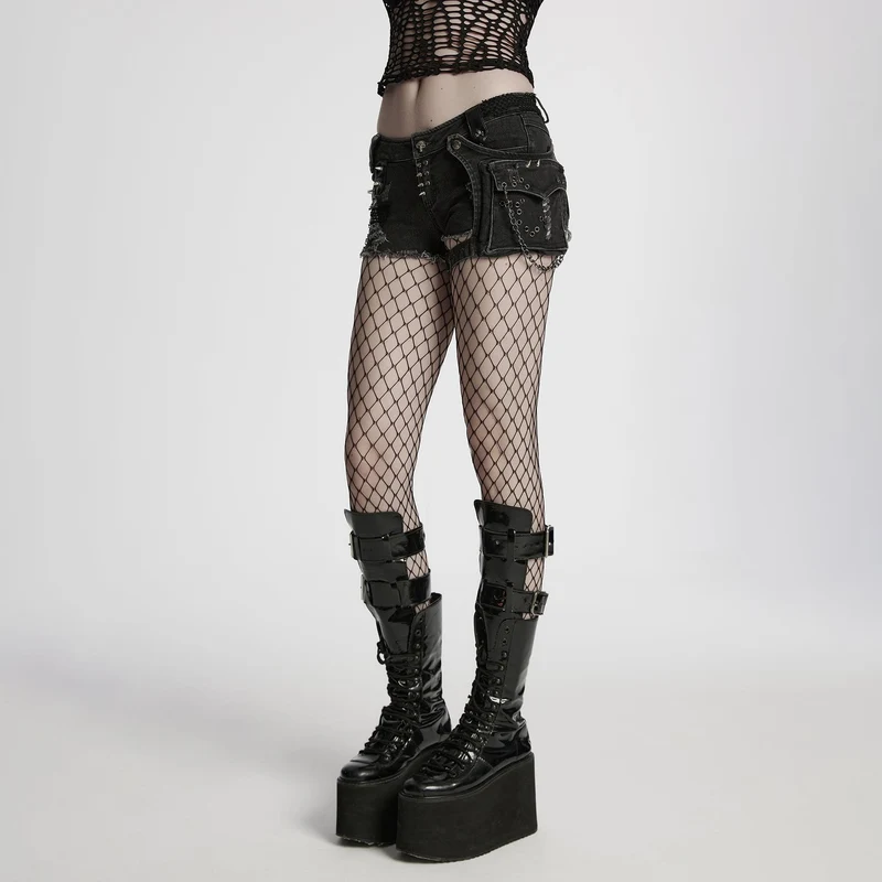 Punk Skull zerrissene Denim-Shorts für Damen mit Tasche