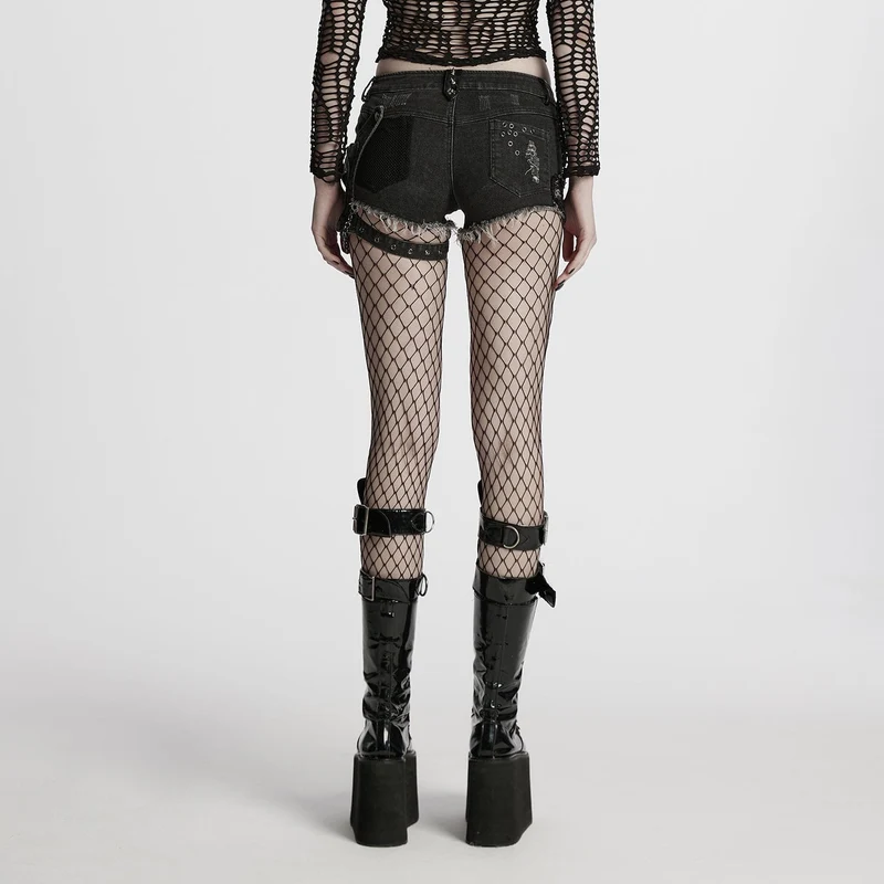 Punk Skull zerrissene Denim-Shorts für Damen mit Tasche