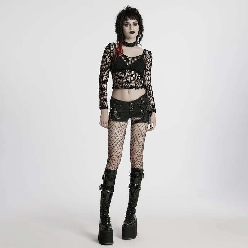 Punk Skull zerrissene Denim-Shorts für Damen mit Tasche