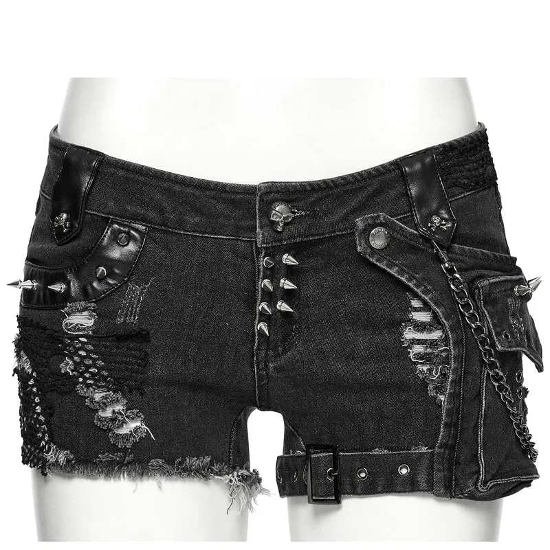 Punk Skull zerrissene Denim-Shorts für Damen mit Tasche