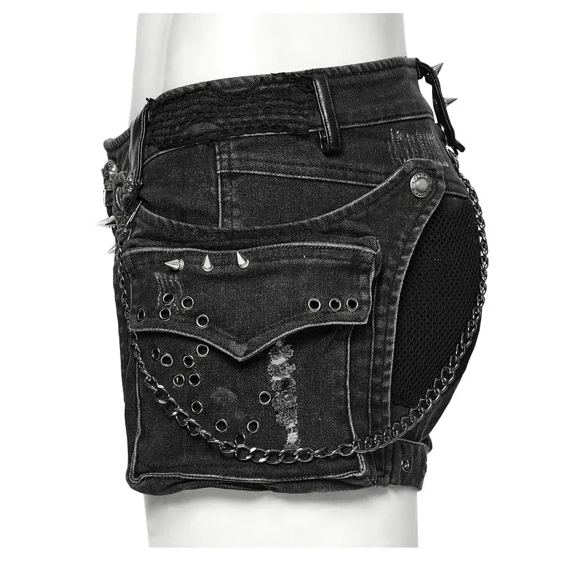 Punk Skull zerrissene Denim-Shorts für Damen mit Tasche