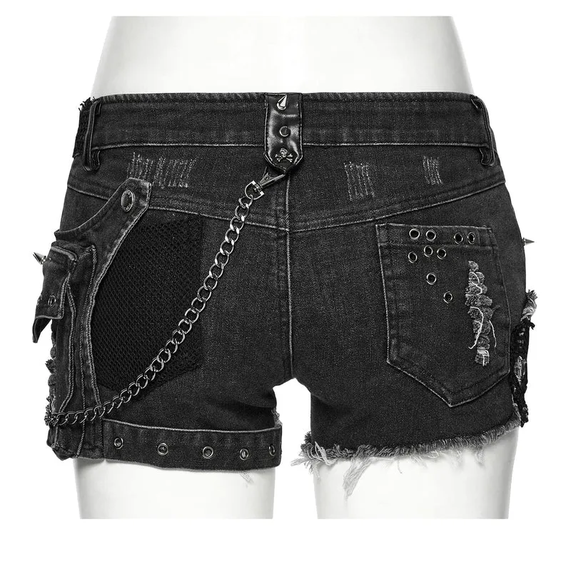 Punk Skull zerrissene Denim-Shorts für Damen mit Tasche
