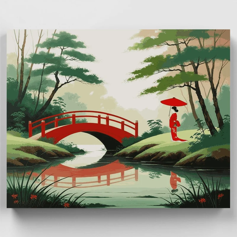 Japanese Garden Bridge with Geisha - Paint by Numbers Kit