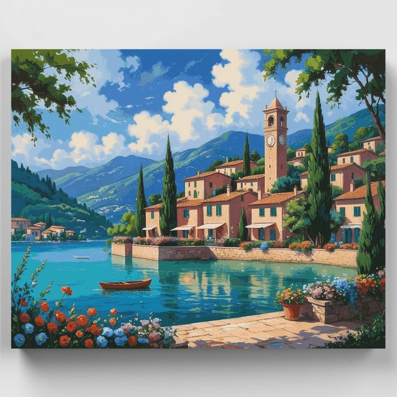 Mediterranean Lakeside Village - Paint by Numbers Kit