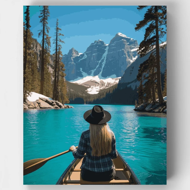 Canoeing in Turquoise Mountain Lake - Paint by Numbers Kit