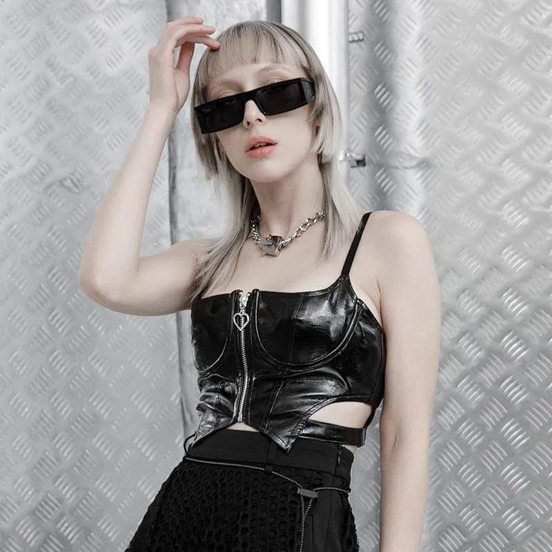 Damen Grunge Front Zip Slip Kunstlederwesten