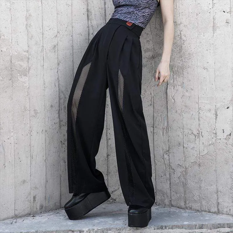 Damen Gothic Strappy Splicing Mesh Straight Pants