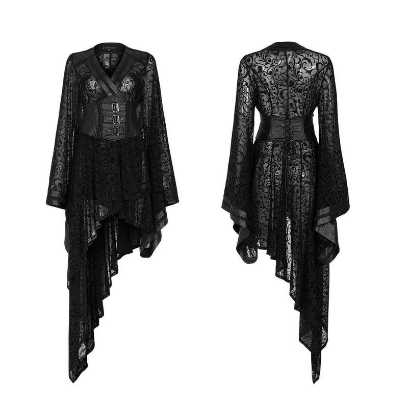 Frauen Gothic Lace Sheer unregelmäßige Kleider mit Gürtel