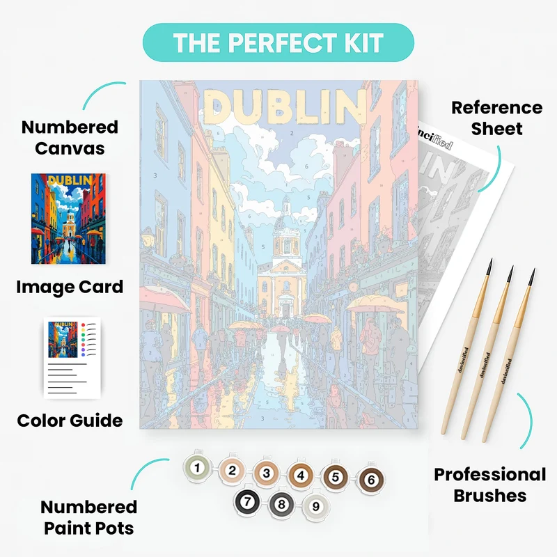 Dublin Rainy Street Travel Poster - Paint by Numbers Kit