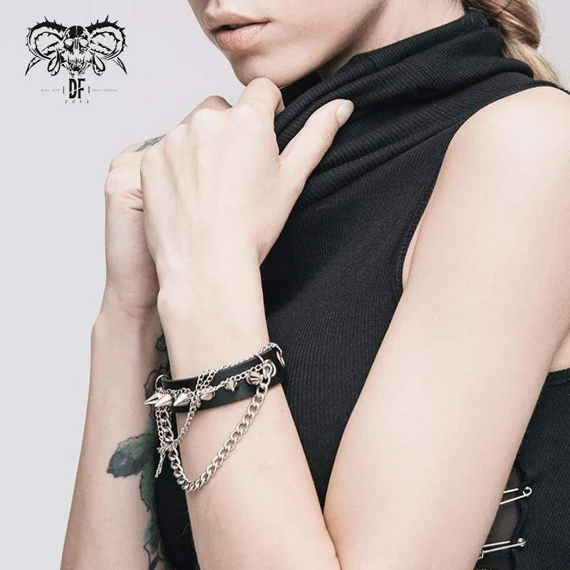 Damen Gothic Punk Black Kunstlederkette und Nieten Armbänder