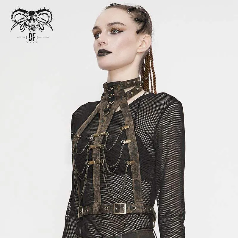 Steampunk Brown Body Harness für Damen mit Messingkette