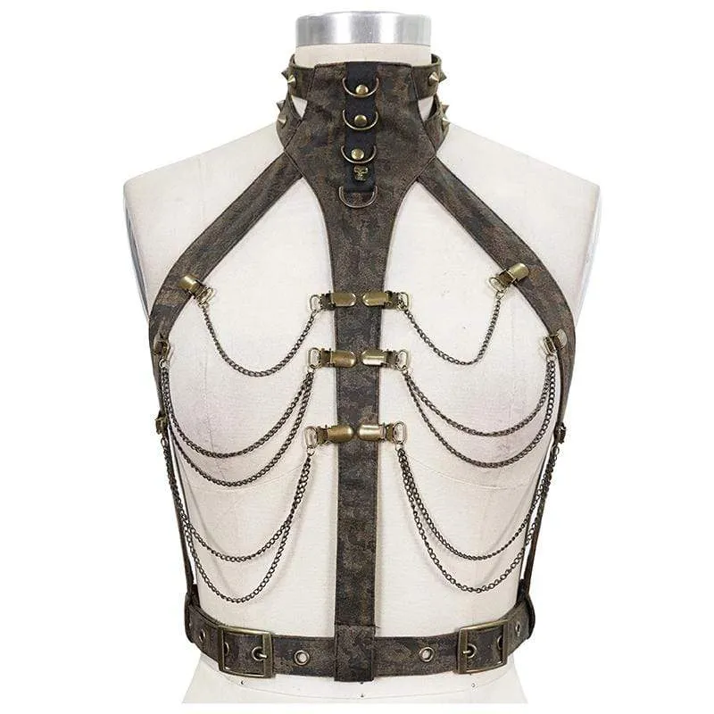 Steampunk Brown Body Harness für Damen mit Messingkette