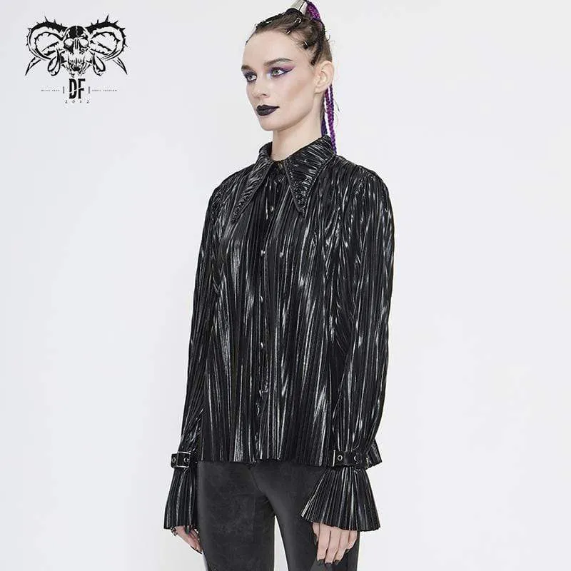 Damen Gothic Black Shimmer Long Ruffle Sleeved Shirts