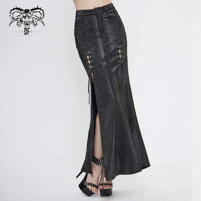 Damen Gothic Black Snakeskin Seitenschlitze Maxiröcke