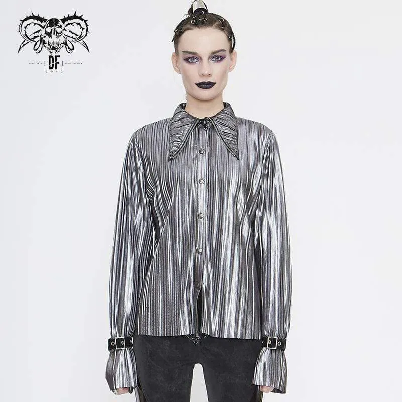 Damen Gothic Silver Shimmer Langarmhemden mit Rüschenärmeln