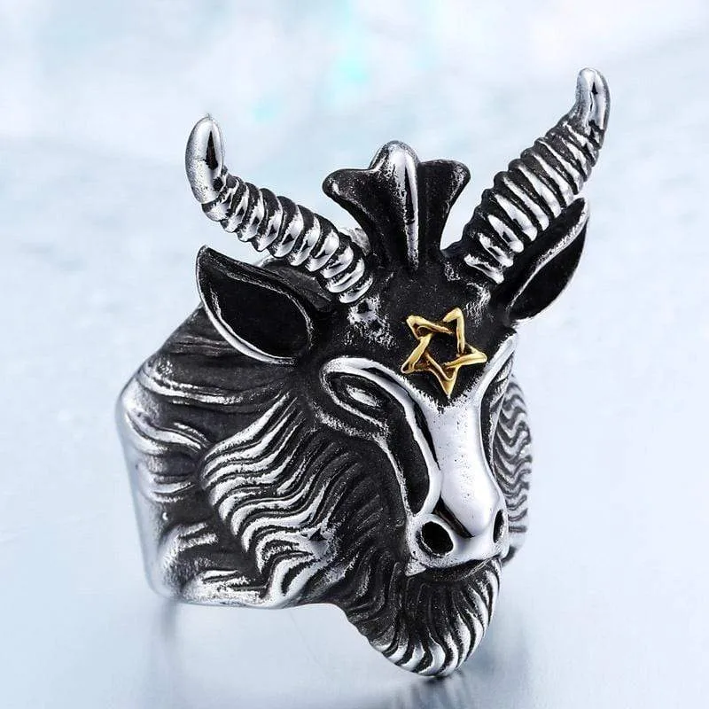 Herren Punk Pentagramm Satan RAMS Ringe
