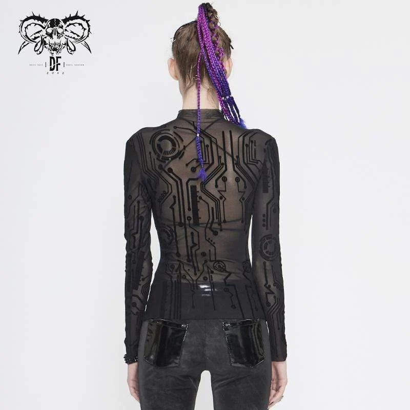 Damen Gothic Full Sleeves High Neck Sheer Lace Tops