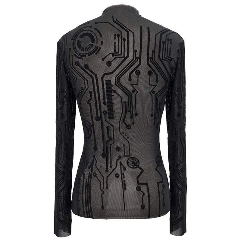 Damen Gothic Full Sleeves High Neck Sheer Lace Tops